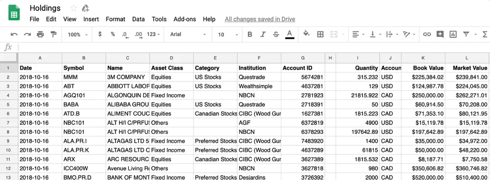 Your investments, transactions and holdings in a spreadsheet, automatically updated each day.